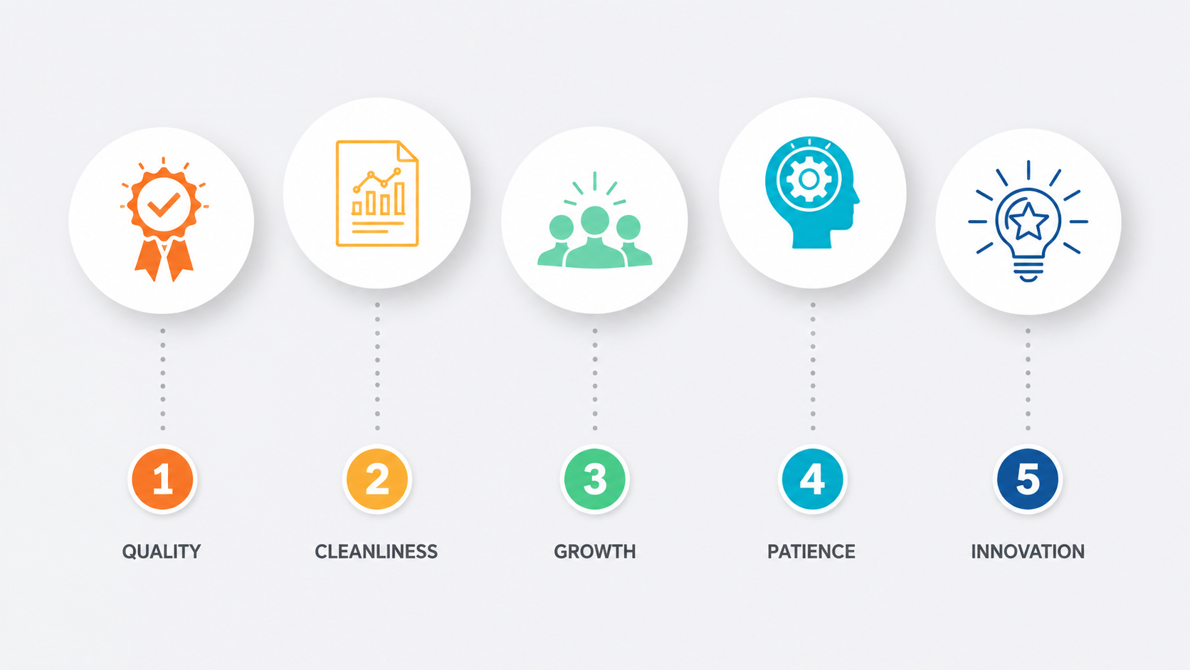 Five principles infographic - quality, innovation, patience, and teamwork