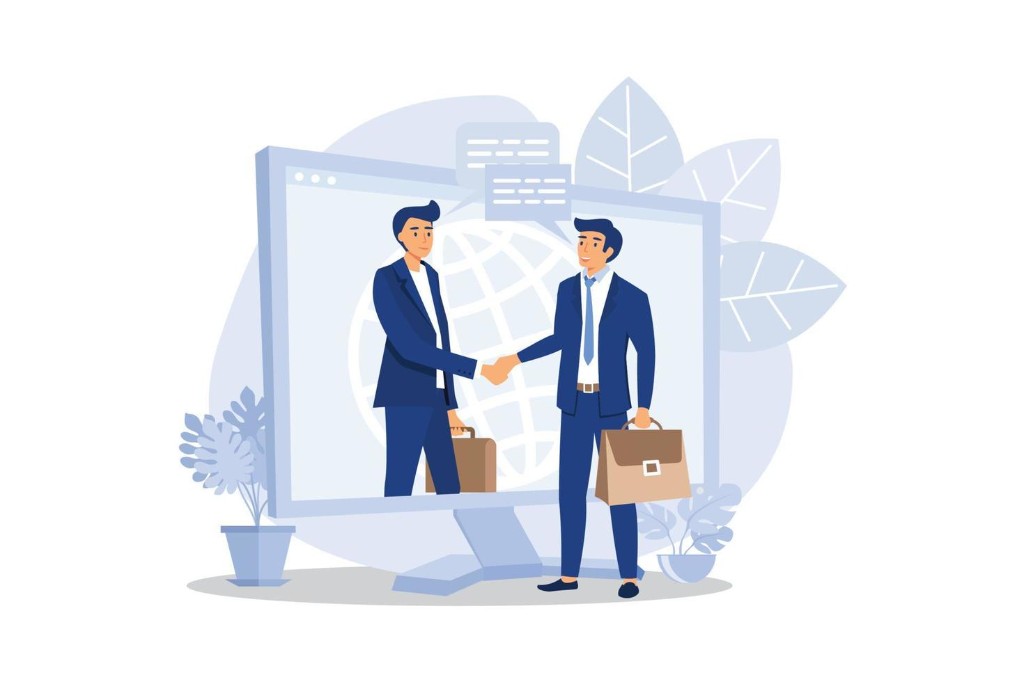 Business partners connecting through video call and in-person handshake to start a software project